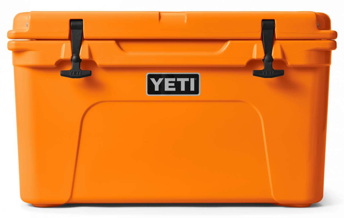 Yeti Tundra 45 Cooler - A large, rectangular cooler with a dark gray lid and matching body, featuring a handle on top and a logo in silver lettering.