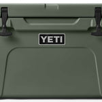 Yeti Tundra 45 Cooler - A large, olive green cooler with a handle on top and two latches on either side of it.
