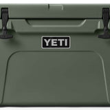 Yeti Tundra 45 Cooler - A large, olive green cooler with a handle on top and two latches on either side of it.