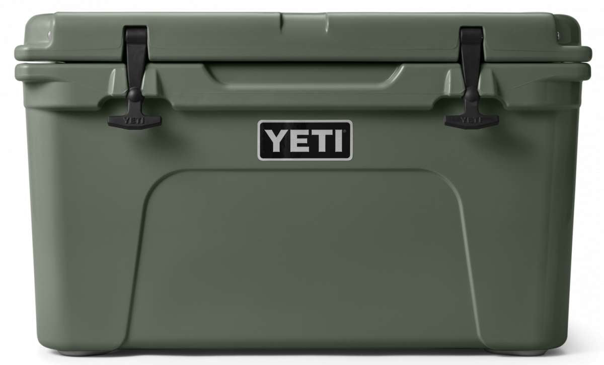 Yeti Tundra 45 Cooler - A large, olive green cooler with a handle on top and two latches on either side of it.