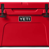 Yeti Tundra 45 Cooler - A red cooler with a black handle on top, featuring a white logo and a silver latch.