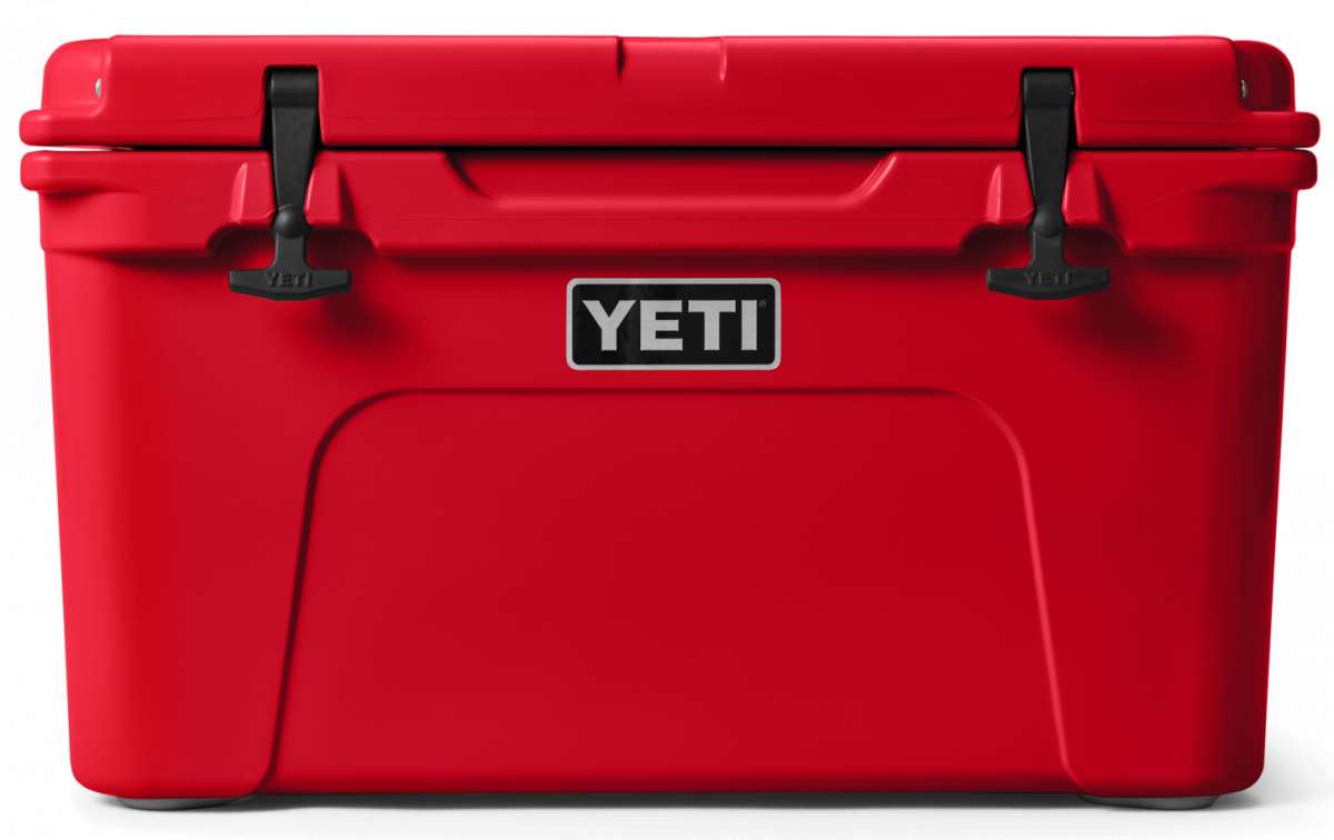 Yeti Tundra 45 Cooler - A red cooler with a black handle on top, featuring a white logo and a silver latch.