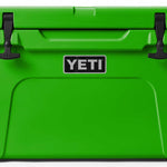 Yeti Tundra 45 Cooler - A large, rectangular cooler with a dark green lid and matching body, featuring a handle on top and a logo in silver lettering.