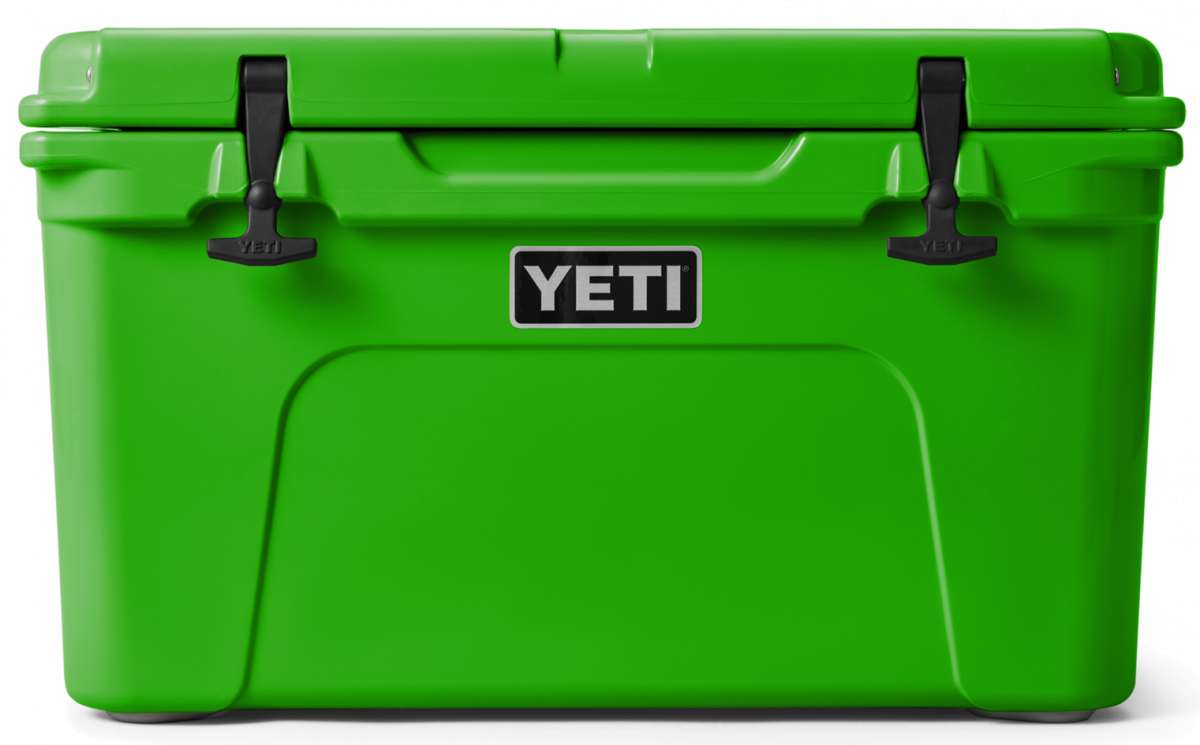 Yeti Tundra 45 Cooler - A large, rectangular cooler with a dark green lid and matching body, featuring a handle on top and a logo in silver lettering.