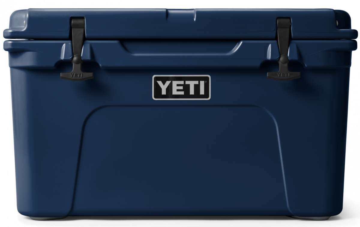 Yeti Tundra 45 Cooler - A large, rectangular cooler with a dark gray lid and matching body, featuring a prominent "YETI" logo on the front in white lettering.