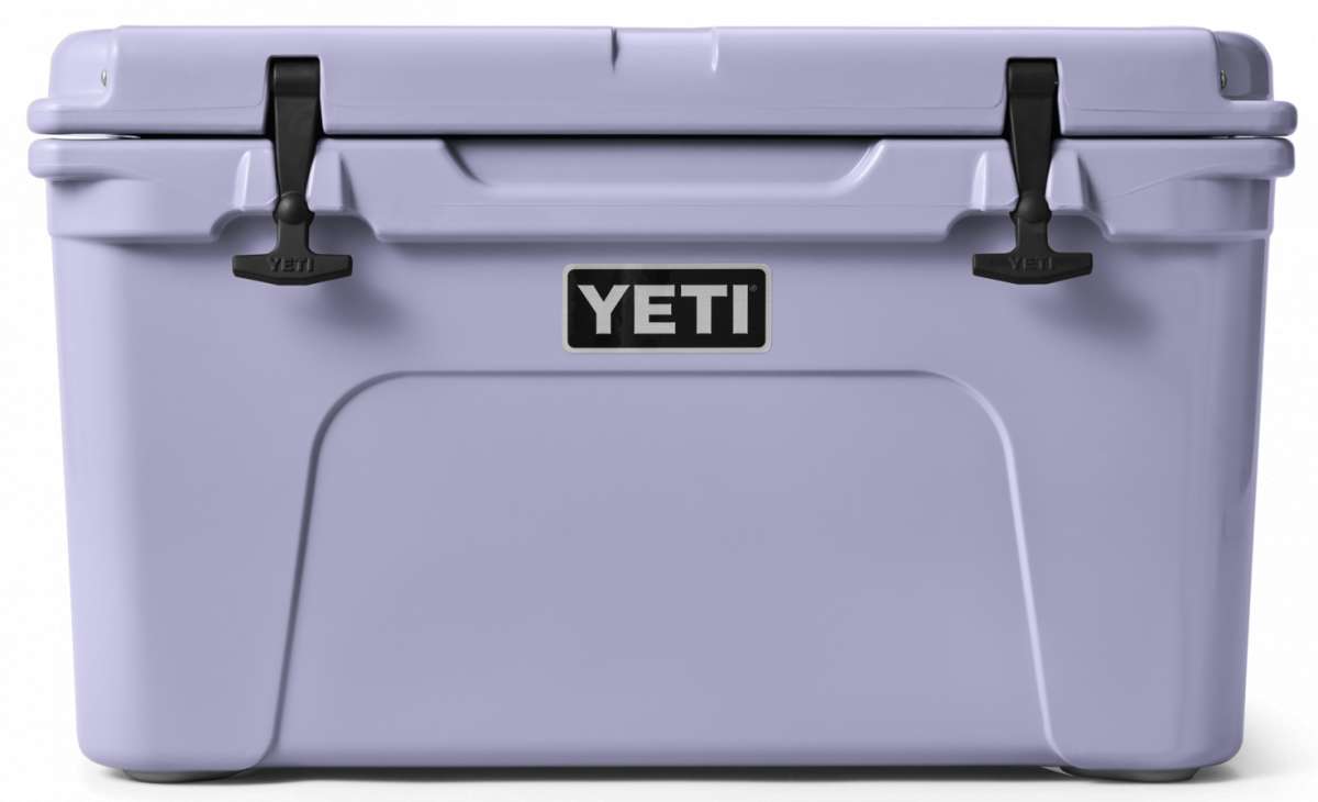 Yeti Tundra 45 Cooler - A large, rectangular cooler with a light gray lid and dark gray body, featuring two black latches on top.