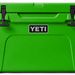 Yeti Tundra 45 Cooler - A large, rectangular cooler with a dark green lid and matching body, featuring a handle on top and a logo in silver lettering.