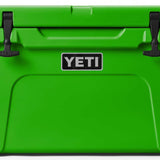 Yeti Tundra 45 Cooler - A large, rectangular cooler with a dark green lid and matching body, featuring a handle on top and a logo in silver lettering.