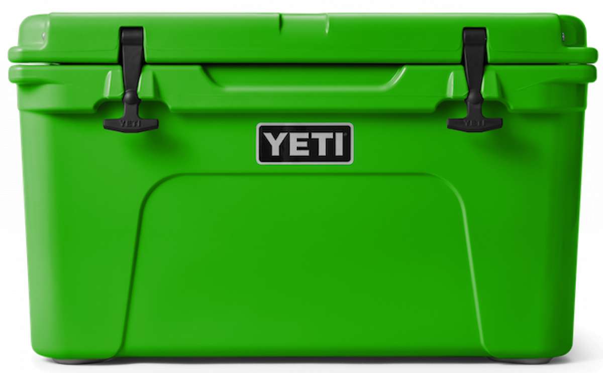 Yeti Tundra 45 Cooler - A large, rectangular cooler with a dark green lid and matching body, featuring a handle on top and a logo in silver lettering.
