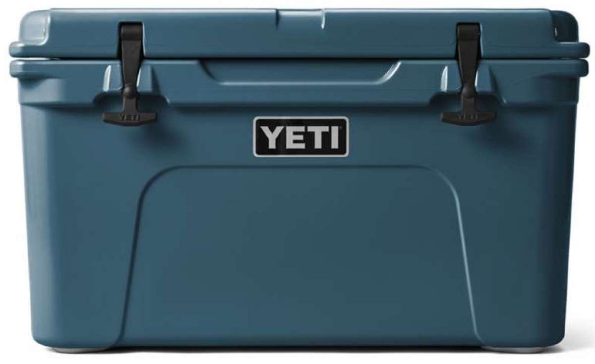 Yeti Tundra 45 Cooler - A large, rectangular cooler with a dark gray lid and matching body, featuring two black latches on top.