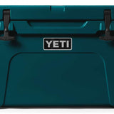 Yeti Tundra 45 Cooler - A large, rectangular cooler with a dark green lid and matching body, featuring two black latches on top.