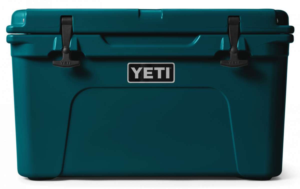 Yeti Tundra 45 Cooler - A large, rectangular cooler with a dark green lid and matching body, featuring two black latches on top.
