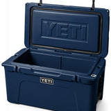 Yeti Tundra 65 Cooler - A large, rectangular cooler with a dark gray lid and matching body, featuring a prominent "YETI" logo on the front in white lettering.