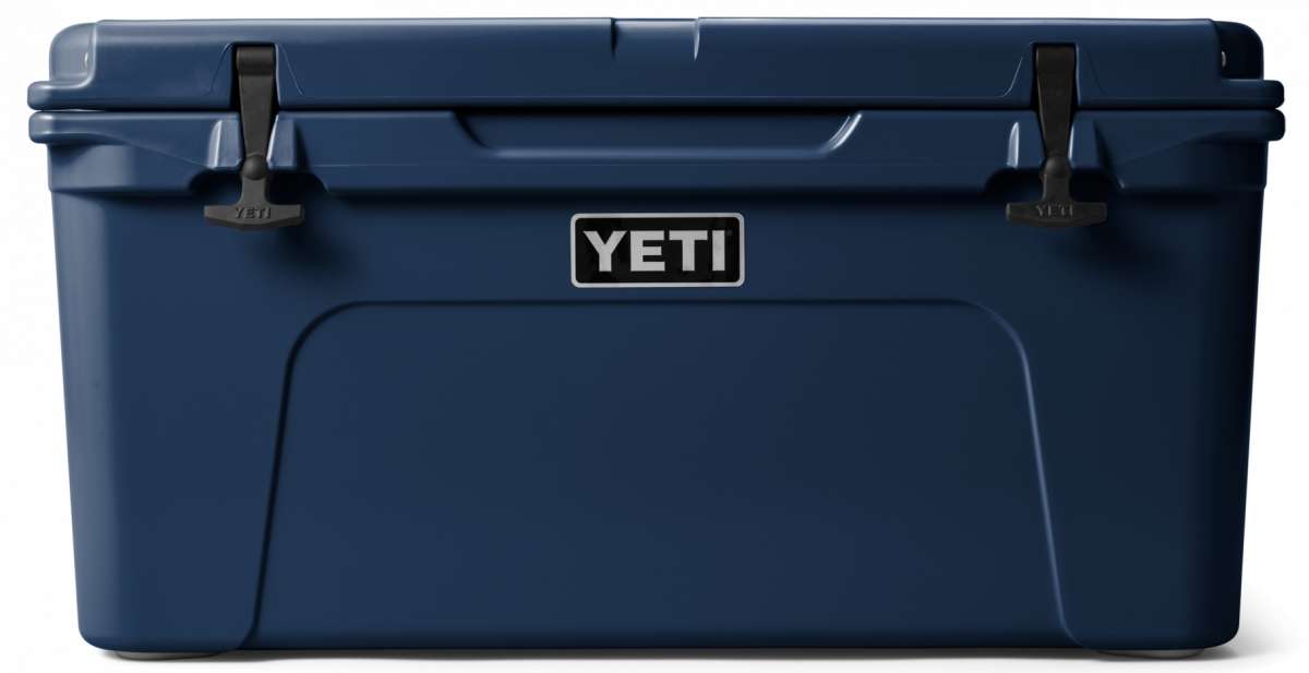 Yeti Tundra 65 Cooler - A large, rectangular cooler with a dark gray lid and matching body, featuring a handle on top and a logo in silver lettering.