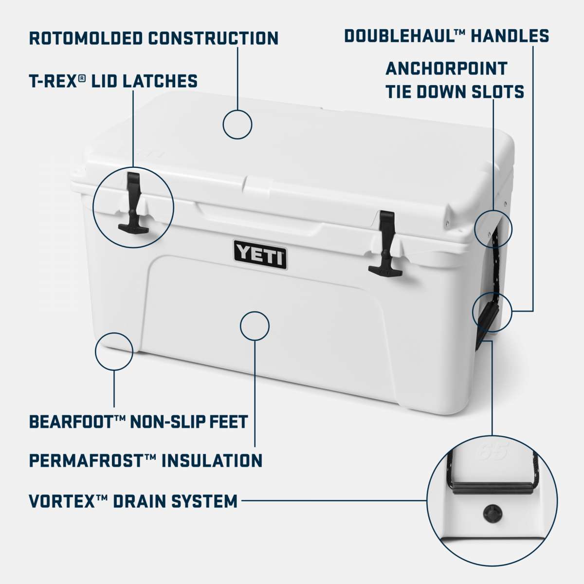 Yeti Tundra 65 Cooler - White cooler with black handle on top, featuring a rectangular shape and flat lid.