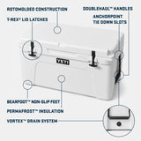 Yeti Tundra 65 Cooler - White cooler with black handle on top, featuring a rectangular shape and flat lid.