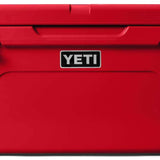 Yeti Tundra 65 Cooler - A large, red cooler with a handle on top and two latches on either side of it.