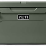Yeti Tundra 65 Cooler - A large, olive green cooler with a handle on top and two latches on either side of it.