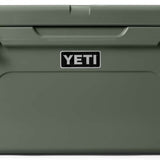 Yeti Tundra 65 Cooler - A large, olive green cooler with a handle on top and two latches on either side of it.