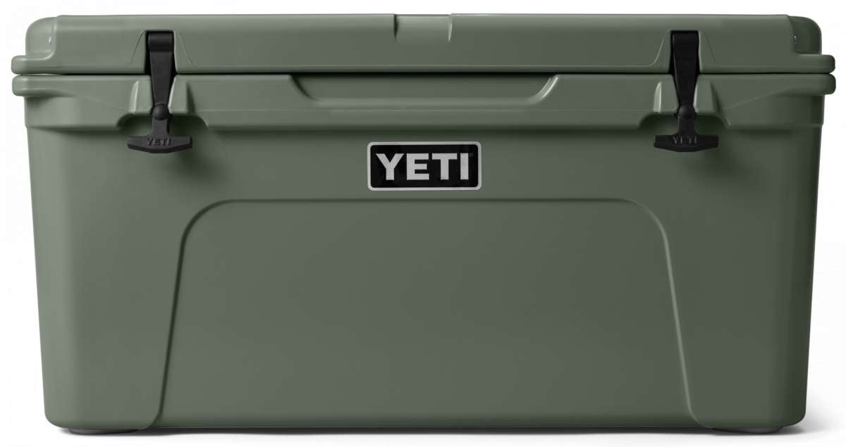 Yeti Tundra 65 Cooler - A large, olive green cooler with a handle on top and two latches on either side of it.