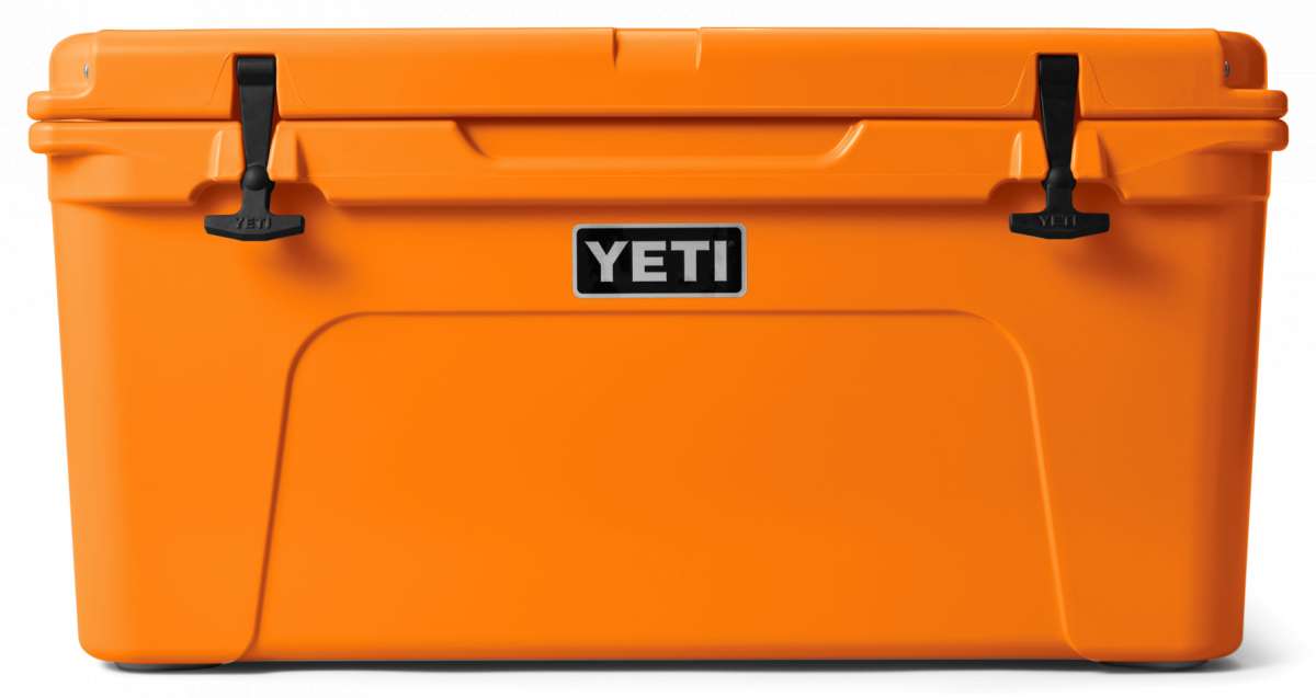 Yeti Tundra 65 Cooler - A large, rectangular cooler with a dark gray lid and matching body, featuring a handle on top and a logo in silver lettering.