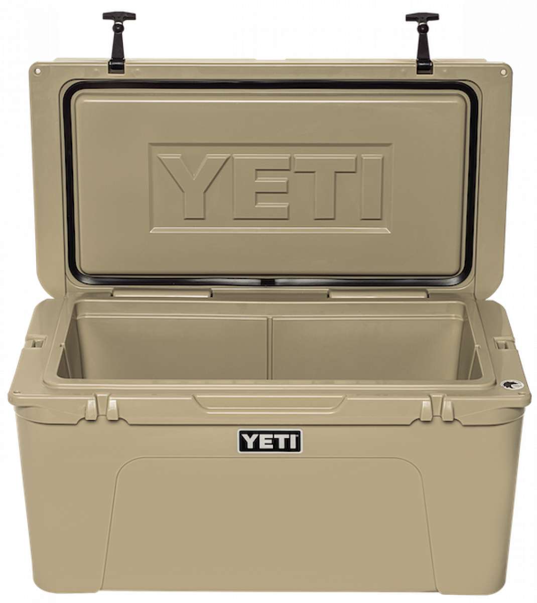 Yeti Tundra 75 Cooler - A large, tan cooler with a hinged lid and two black latches on top.