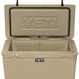 Yeti Tundra 75 Cooler - A large, tan cooler with a hinged lid and two black latches on top.