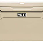 Yeti Tundra 75 Cooler - A large, tan cooler with a handle on top and two latches on either side of it.