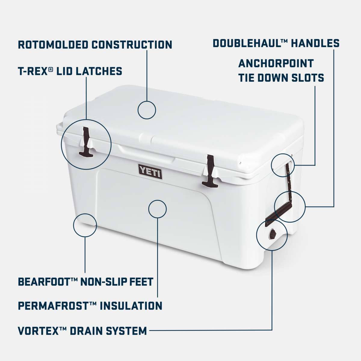 Yeti Tundra 75 Cooler - White cooler with black handle on right side, featuring a rectangular shape and rounded corners.
