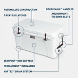 Yeti Tundra 75 Cooler - White cooler with black handle on right side, featuring a rectangular shape and rounded corners.