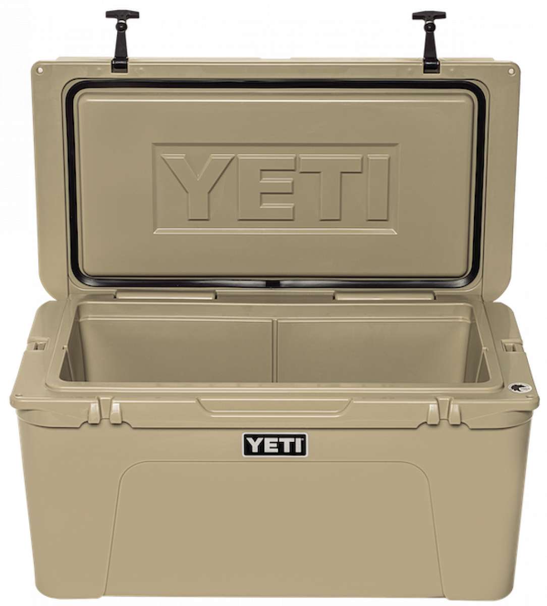 Yeti Tundra 75 Cooler - A large, tan cooler with a black handle on top and two latches on either side of the lid.