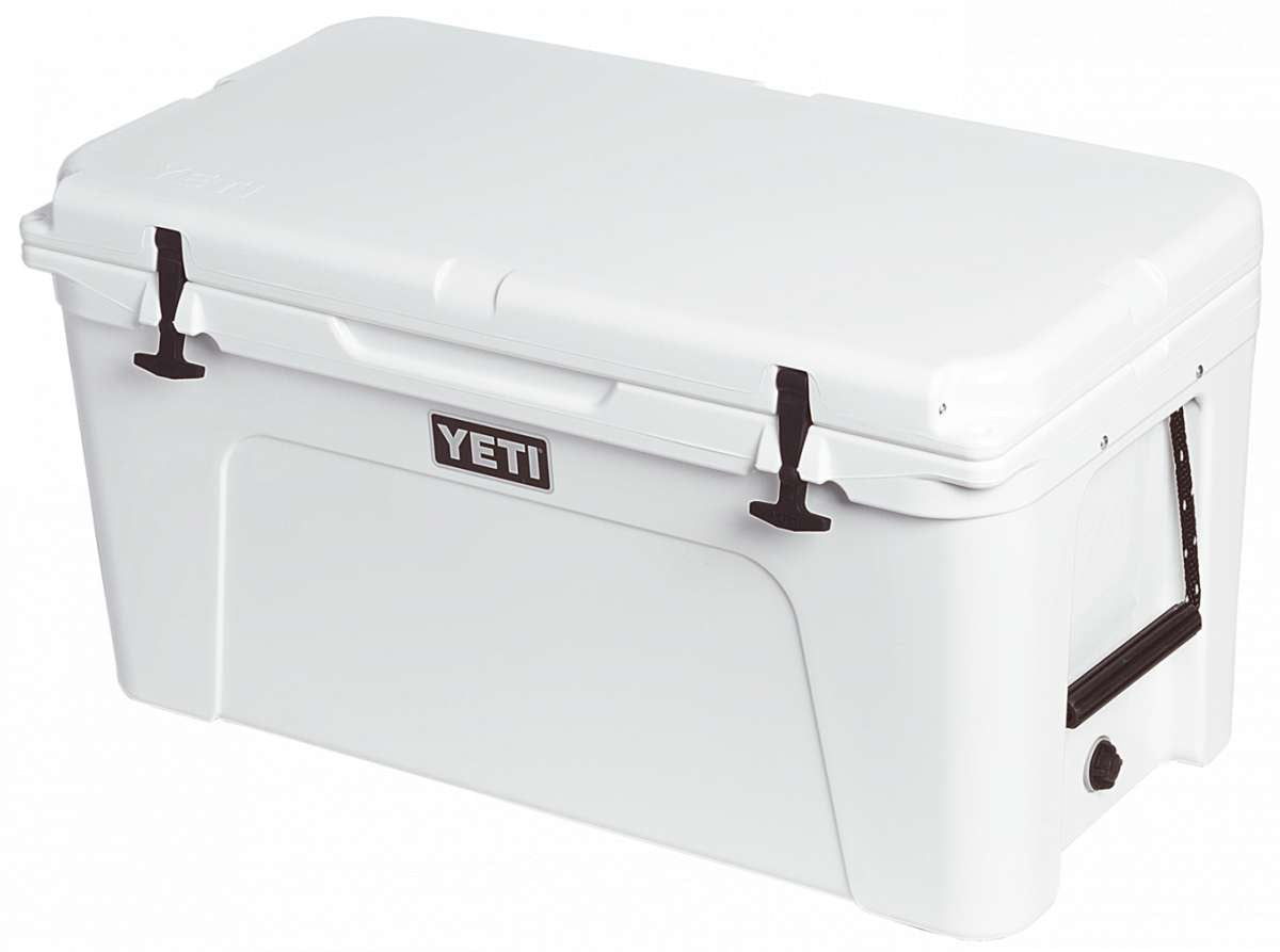 Yeti Tundra 75 Cooler - A large, white cooler with a handle on top and a latch to secure the lid.