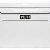 Yeti Tundra 75 Cooler - A large, white cooler with a handle on top and two latches on either side of the lid.