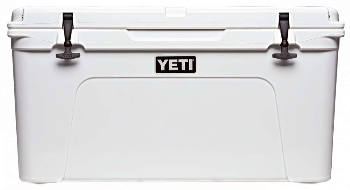 Yeti Tundra 75 Cooler - A large, white cooler with a handle on top and two latches on either side of the lid.