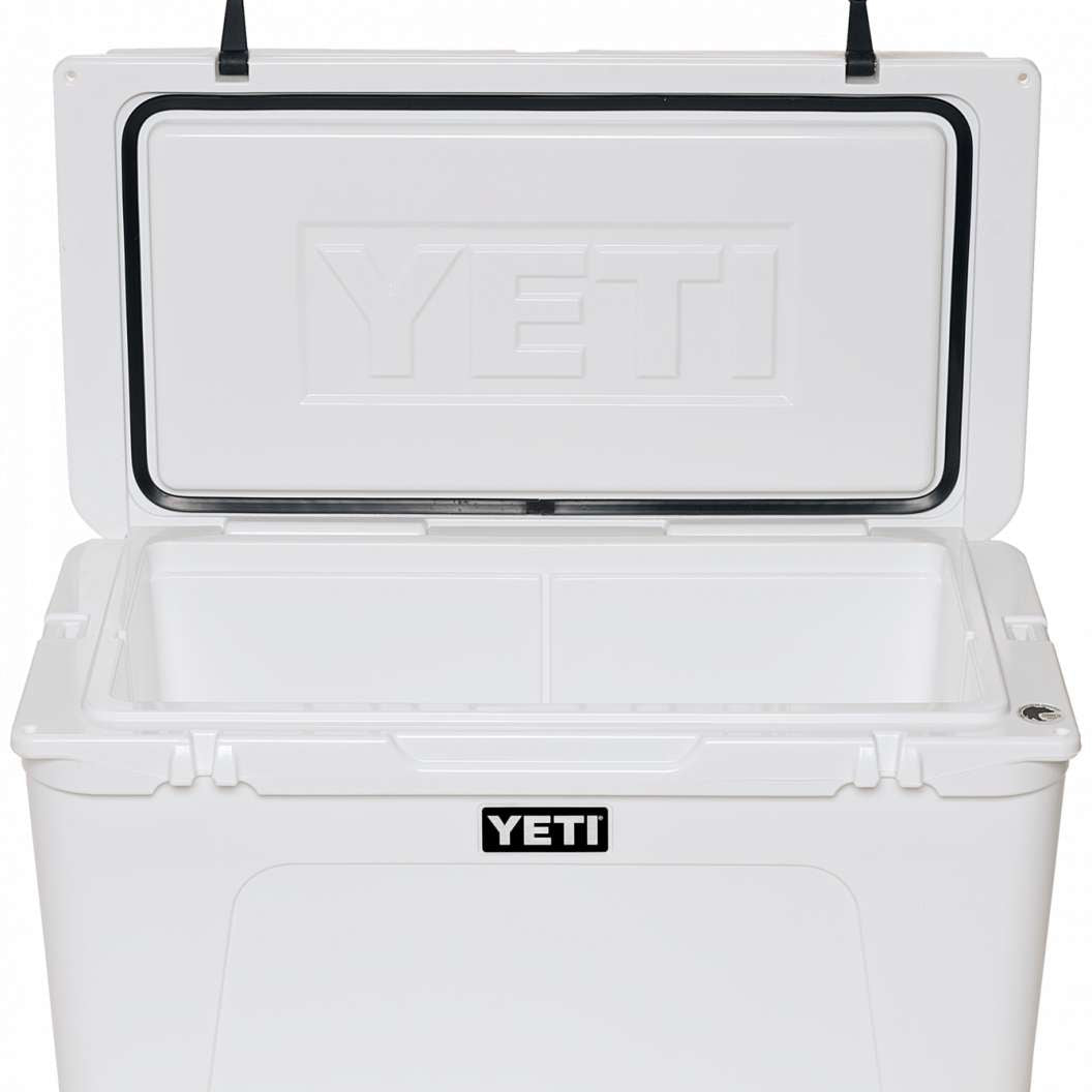 Yeti Tundra 75 Cooler - White cooler with black handle on top, featuring a rectangular shape and two latches on front.