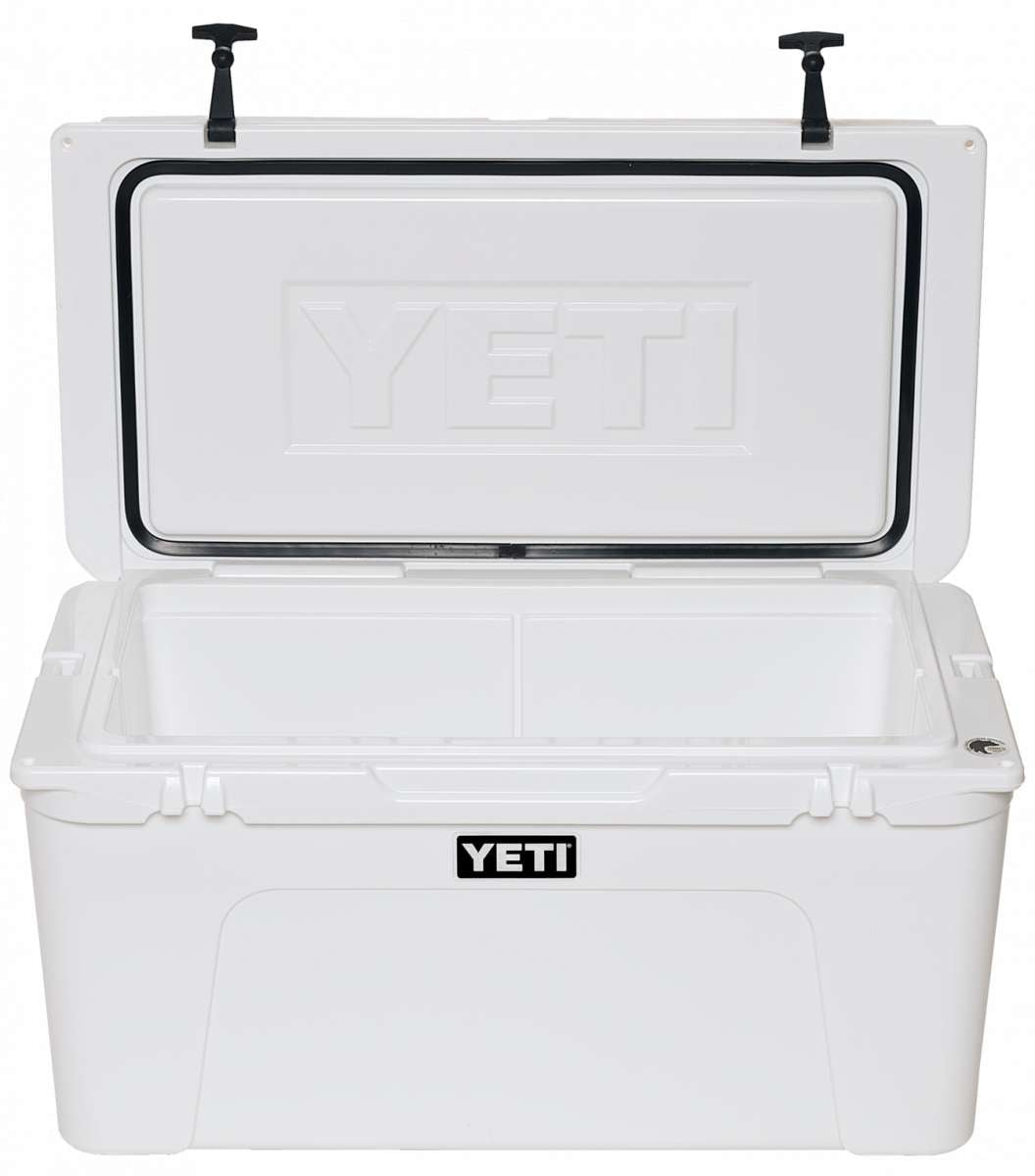 Yeti Tundra 75 Cooler - White cooler with black handle on top, featuring a rectangular shape and two latches on front.