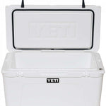 Yeti Tundra 75 Cooler - White cooler with black handle on top, featuring a rectangular shape and two latches on front.