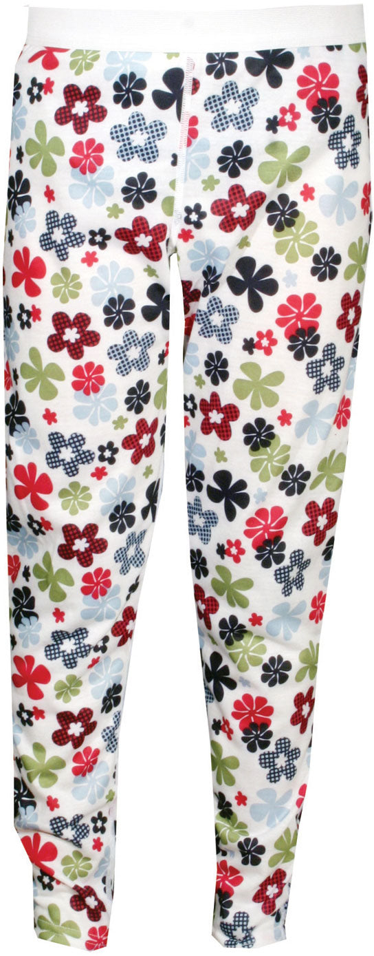 Hot Chillys Youth Pepper Skins Print Bottom Baselayer - A white baselayer with a repeating pattern of red, green, and black pepper-shaped flowers.