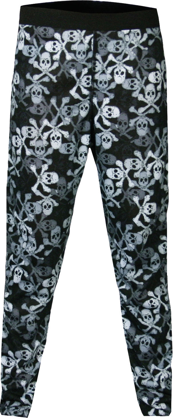 Hot Chillys Youth Pepper Skins Print Bottom Baselayer - A black baselayer with a repeating pattern of gray skulls and crossbones.