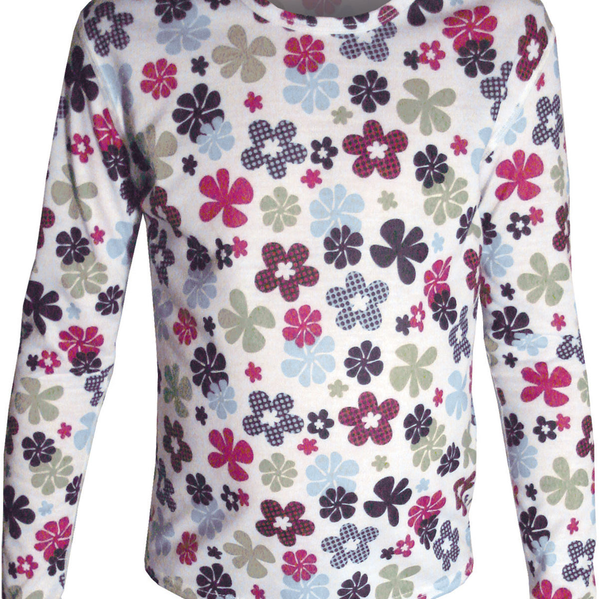 Hot Chillys Youth Pepper Skins Print Crewneck Baselayer - A white crew neck baselayer with a colorful, all-over pepper skin print design.