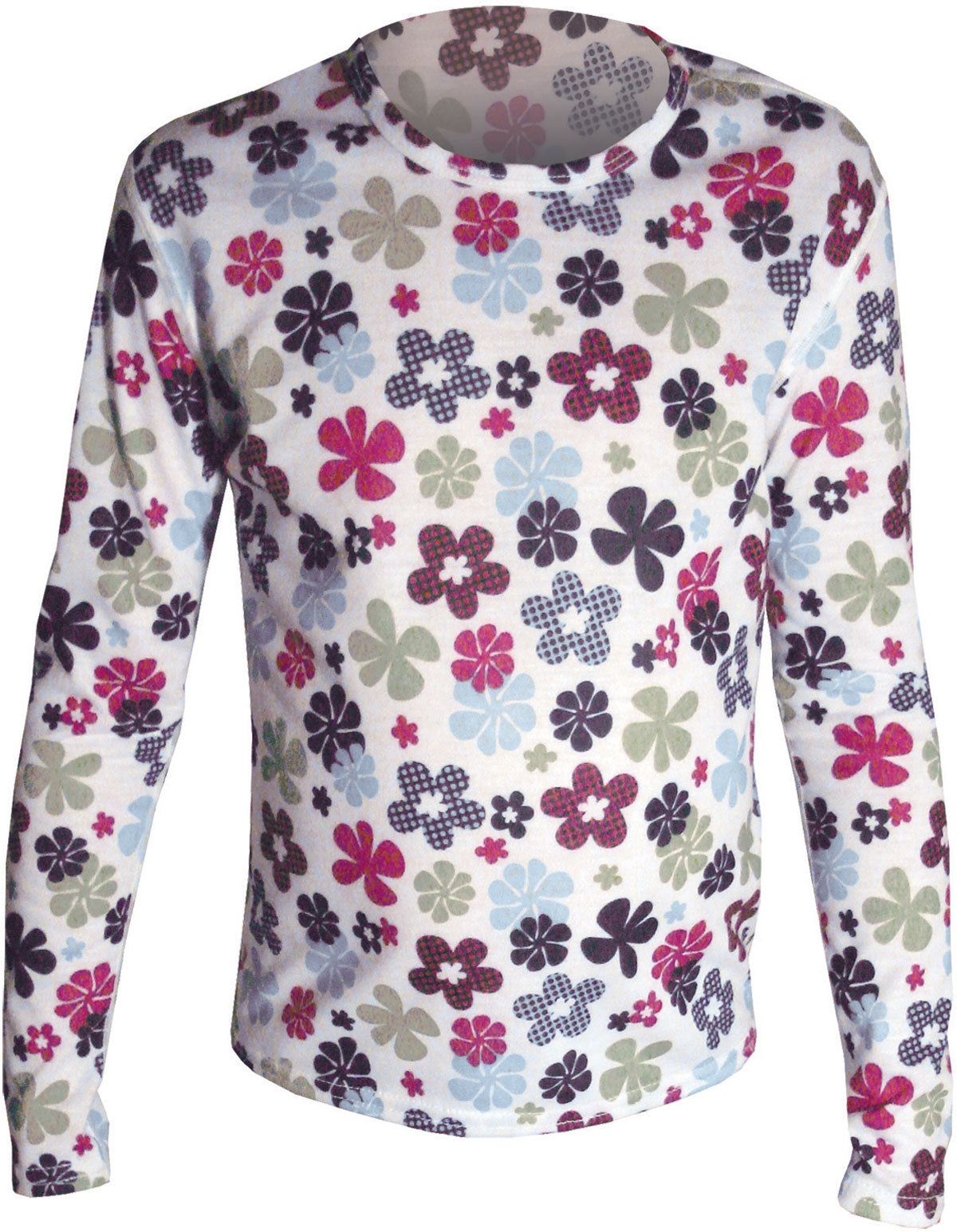 Hot Chillys Youth Pepper Skins Print Crewneck Baselayer - A white crew neck baselayer with a colorful, all-over pepper skin print design.